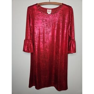 Ruby Rd. Favorites Dress Petite PM Red Glitter Boho Party Holiday Chic Shimmer